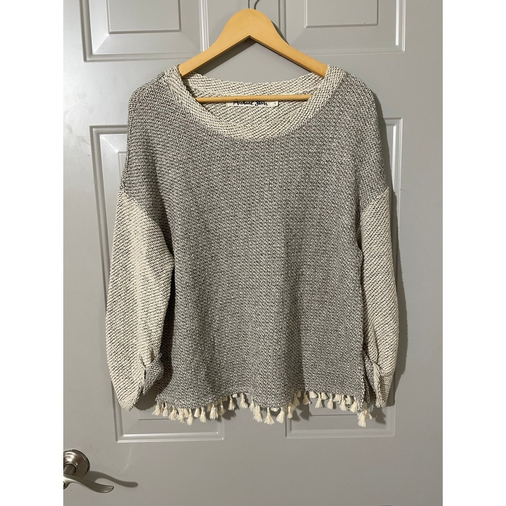 Michael Stars Sweater Womens Large Grey White Excellent Tassel Fringe A287